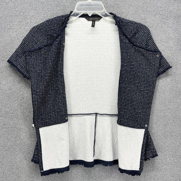 BCBGMAXAZRIA Tweed Peplum Top Womens Size S navy Blue Zip Front Short sleeves - Picture 3 of 12
